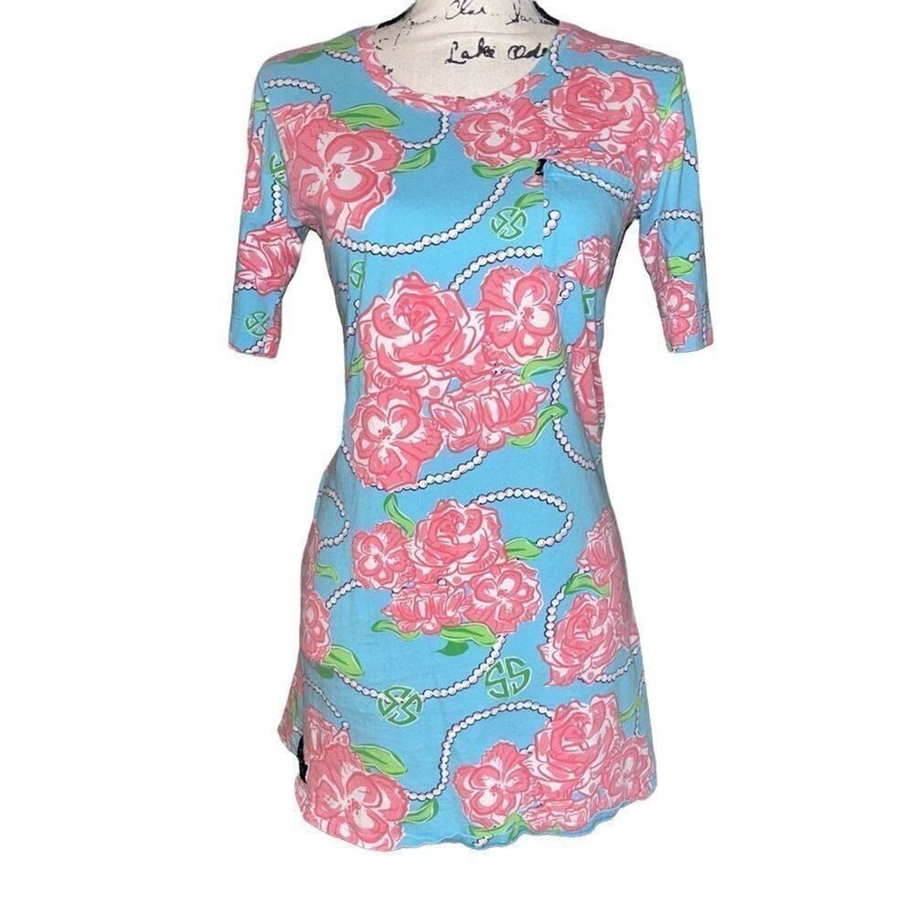 Simply Southern Floral Pearl Logo T-Shirt Dress Blue Pink XS S